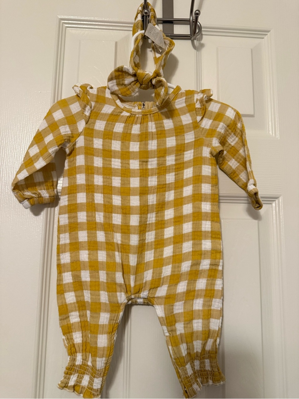 MudPie- Mustard Plaid Kids One-Piece Romper with Headband 0-3 mo
